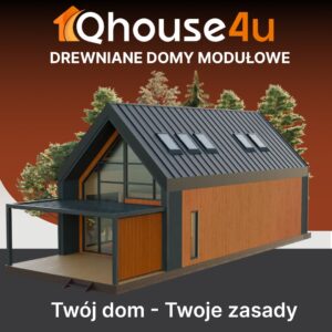 Wizualizacja nowoczesnego drewnianego domu modułowego QHouse4U z dużymi przeszkleniami, oknami dachowymi i zadaszonym tarasem. Eleganczna elewacja z drewnianymi panelami i ciemnym dachem. Hasło: "Twój dom – Twoje zasady". Firma qhouse4u oferuje GOTOWE DOMY MODUŁOWE.